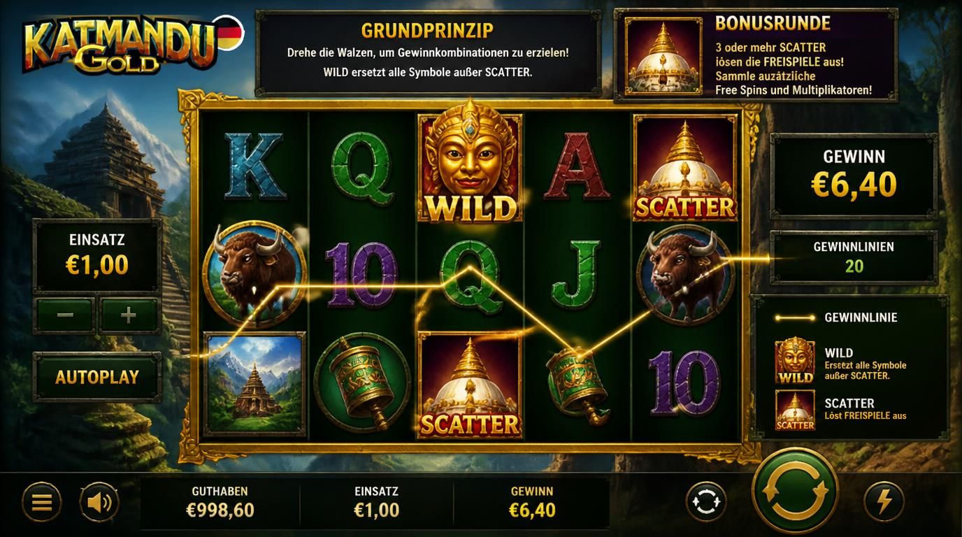 Walzen, Gewinnlinien, Wild/Symbols, Aktion in Bewegung.