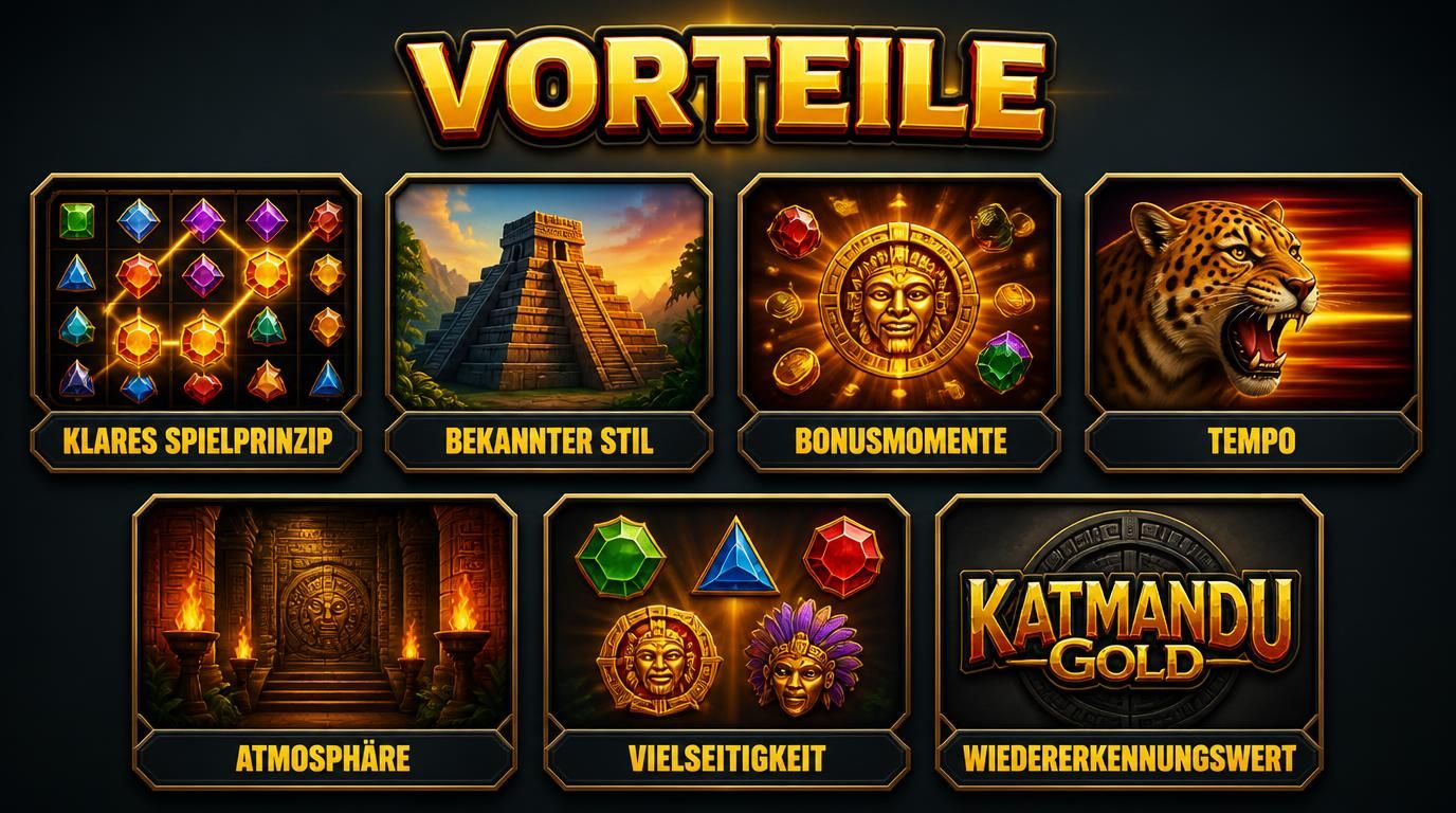 Sieben Vorteilssymbole rund um das Spiel.